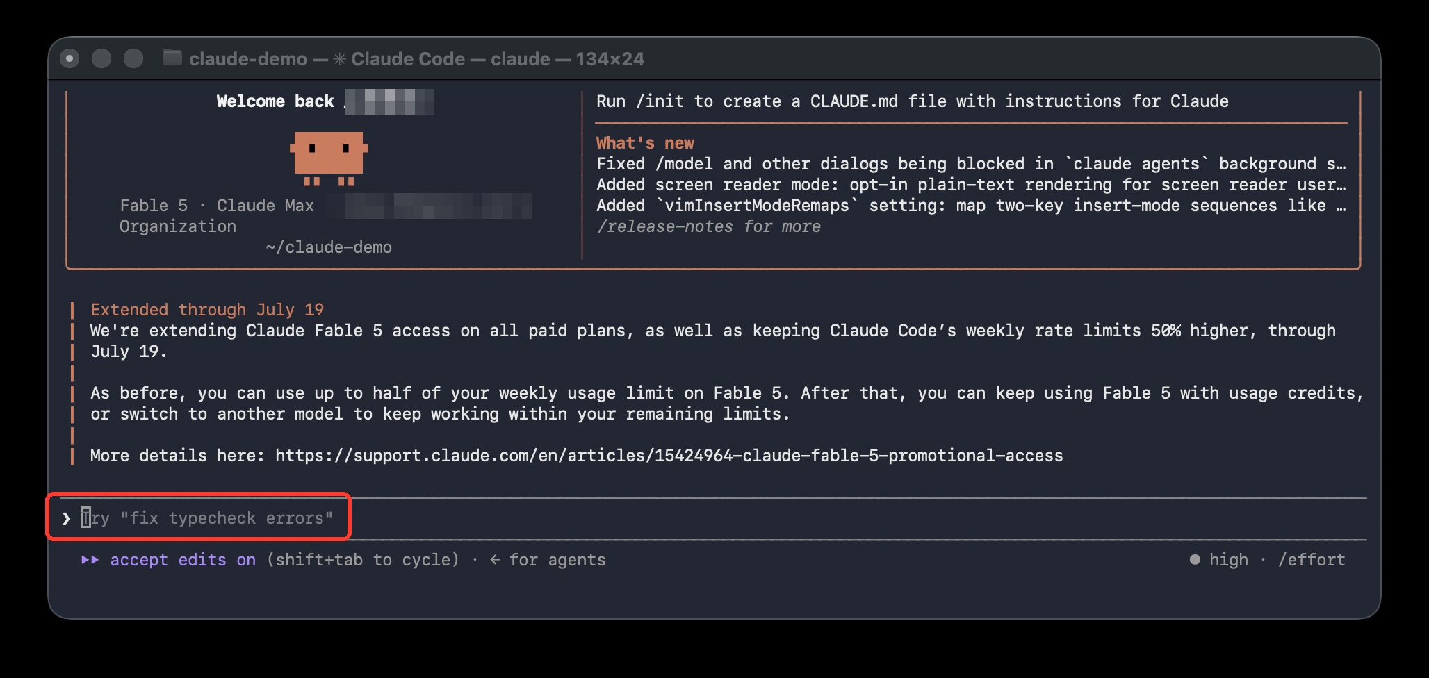 ターミナルを開き直したらClaude Codeが正常に起動した画面