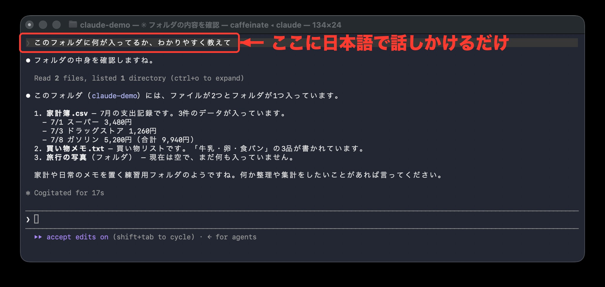 ターミナル版のClaude Codeが「このフォルダに何が入ってるか教えて」に日本語で答えている画面
