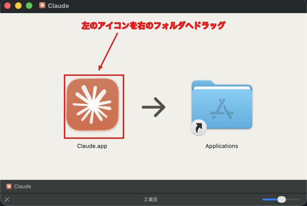 Claude.dmgを開いた画面。左のClaude.appアイコンに赤枠、右にApplicationsフォルダ