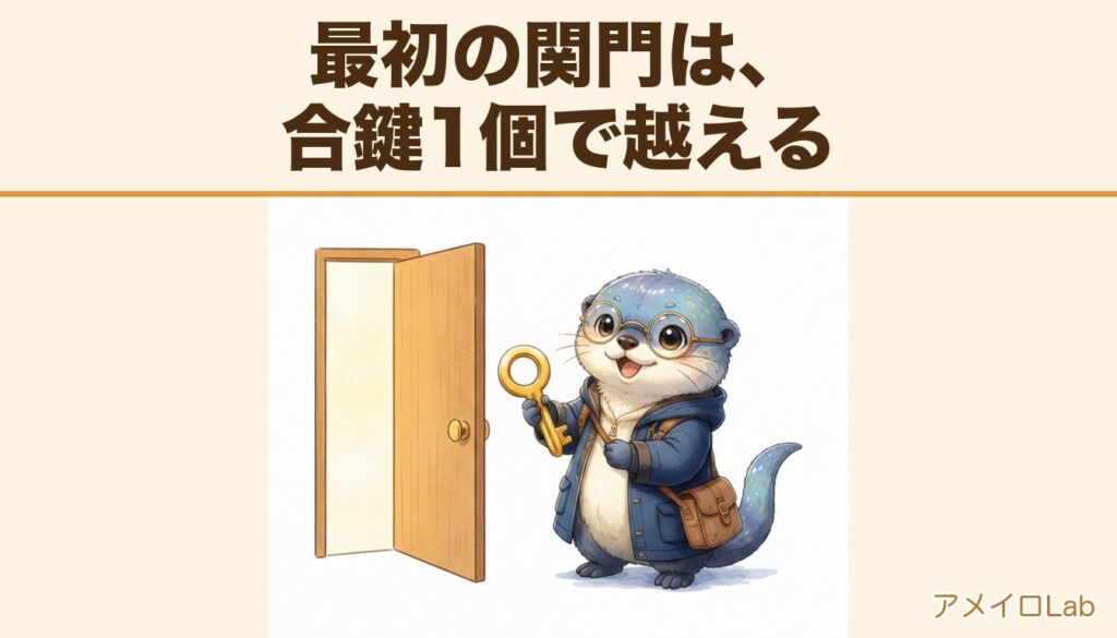 アメイロが金色の鍵を持ち、開いたドアの前で笑顔。最初の関門は鍵1個で越える