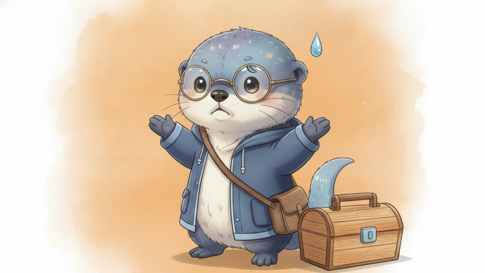 両手のひらを上に向けて肩をすくめ、「これはお手上げ」という顔をしているアメイロ（雨色ラッコ）