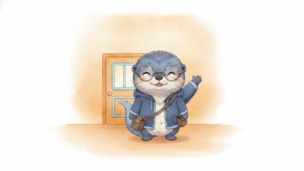 がらんとした小さな部屋の中で、片手を上げてあいさつしているアメイロ