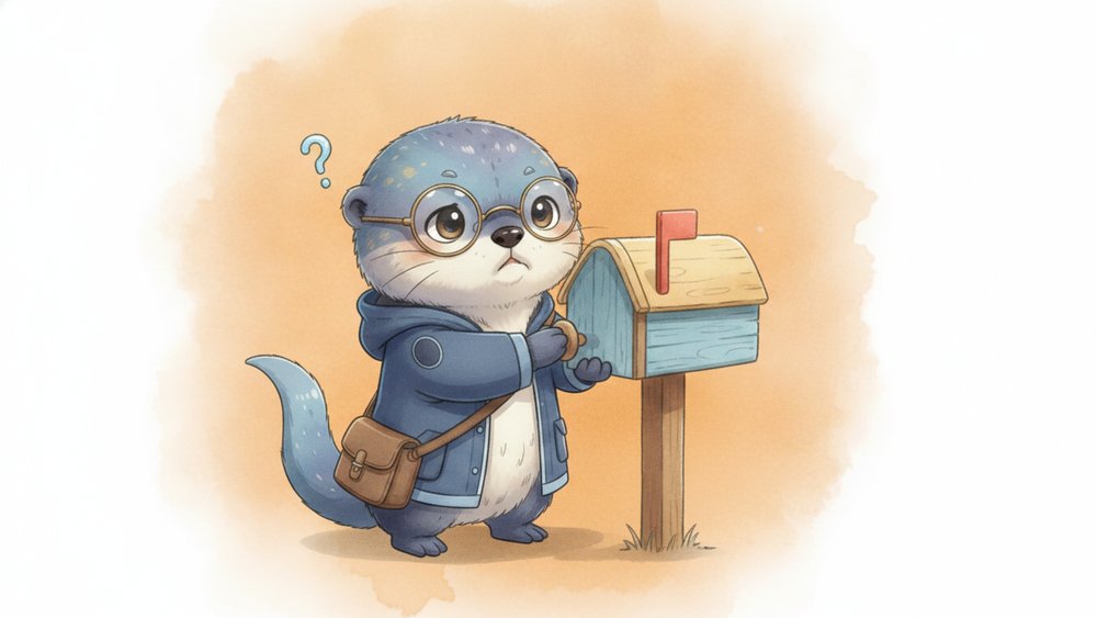 郵便受けの扉が開かなくて、首をかしげて困っているアメイロ（雨色ラッコ）