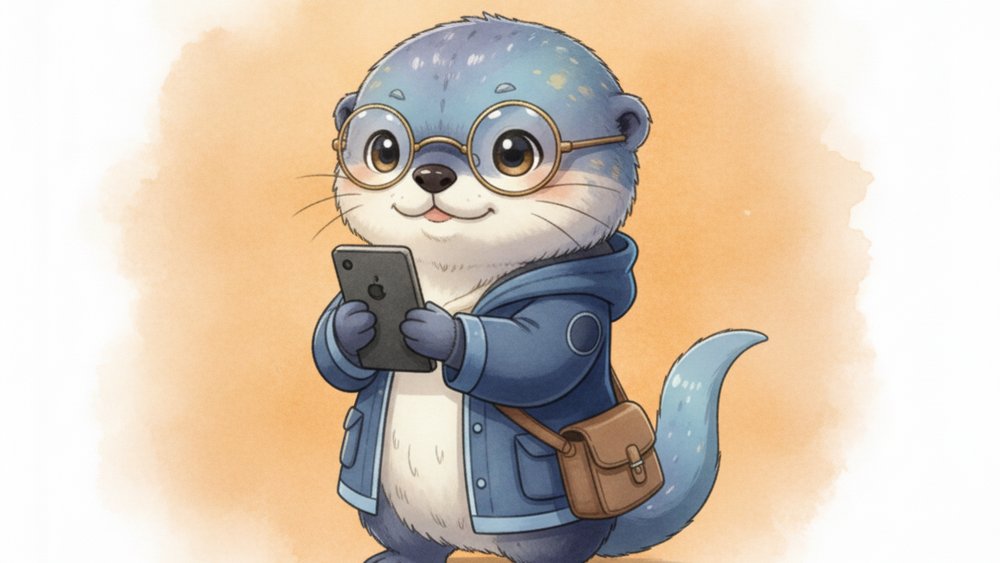 スマホの画面をのぞきこんで準備を確認しているアメイロ