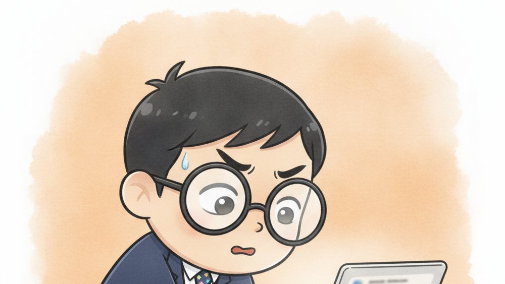 パソコン画面をのぞきこんで探し物が見つからず困っているコンペイくん