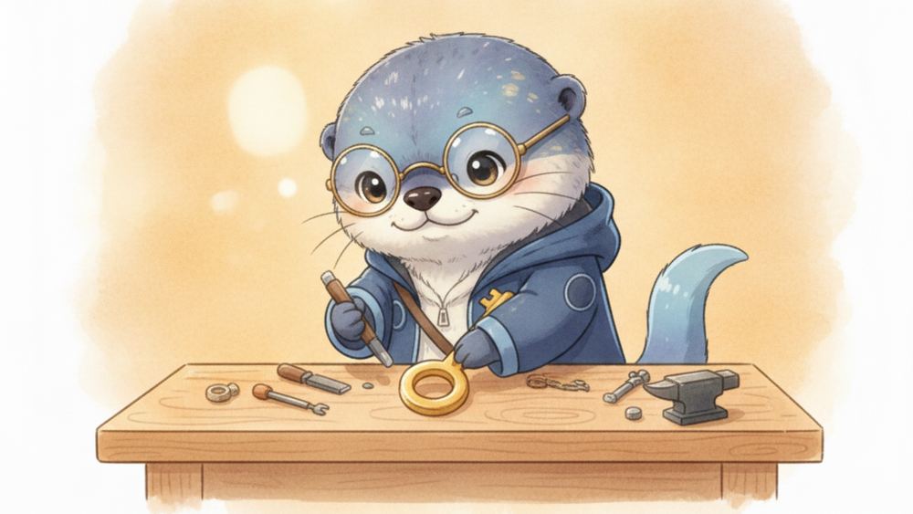 作業台で金色の鍵をていねいに作っているアメイロ