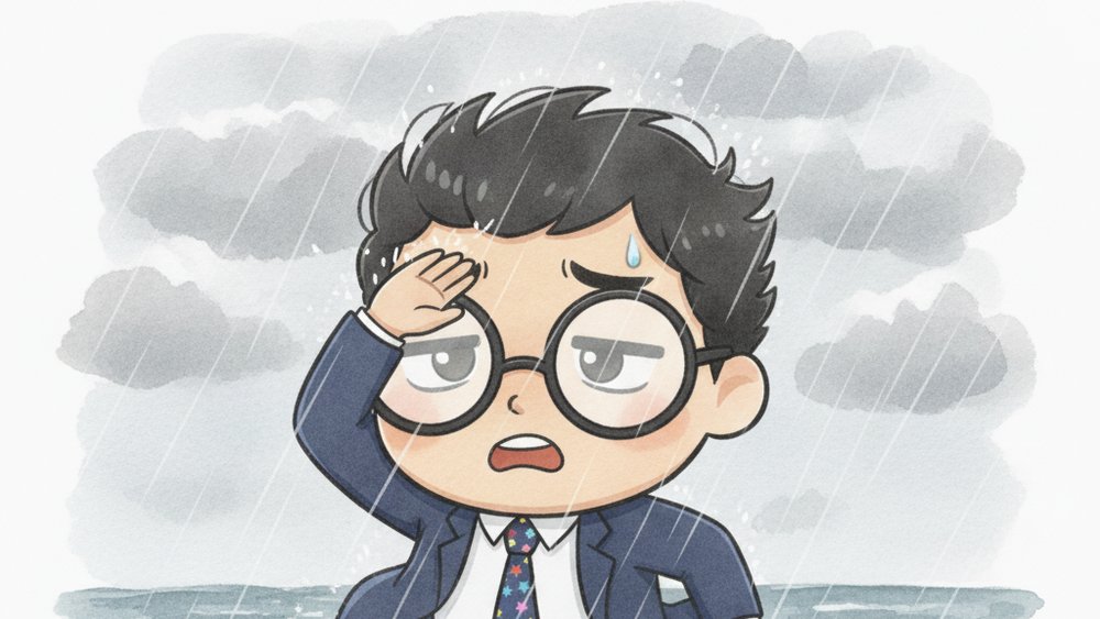 海辺で急な雨と強い風にやられて困り果てるコンペイくん（メガネの会社員）