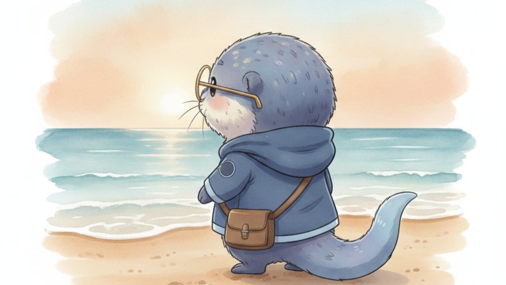朝焼けの砂浜に立ち、穏やかな海を静かにながめるアメイロの後ろ姿