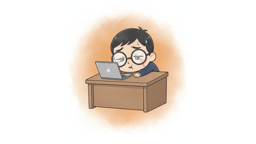 パソコンの前でぐったり疲れたコンペイくん