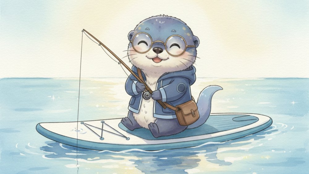 SUPボードの上で釣り竿を持ち、穏やかな夏の海で釣りを楽しむアメイロ