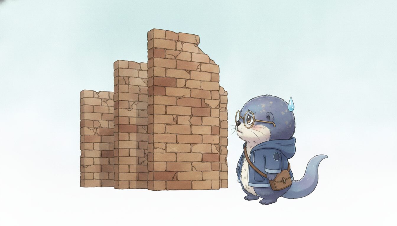困り顔のアメイロと3枚のレンガ壁のイラスト
