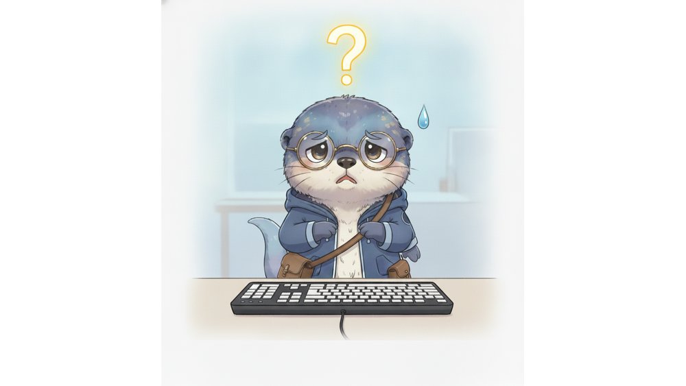 キーボードを前に頭に？を浮かべて戸惑うアメイロ