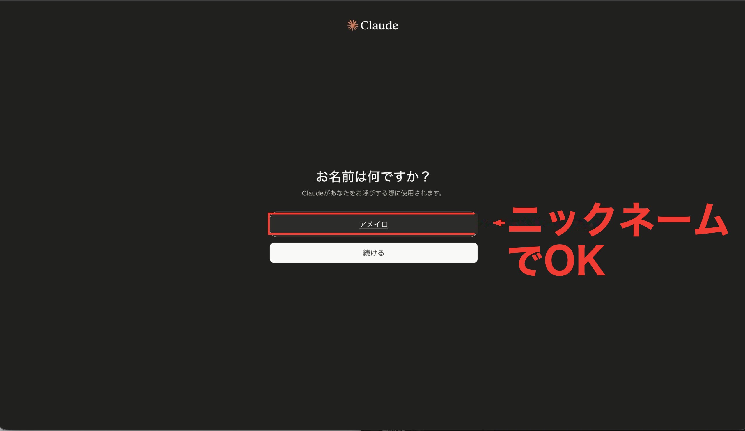 お名前は何ですか？の画面。入力欄に「アメイロ」と入力（赤枠）