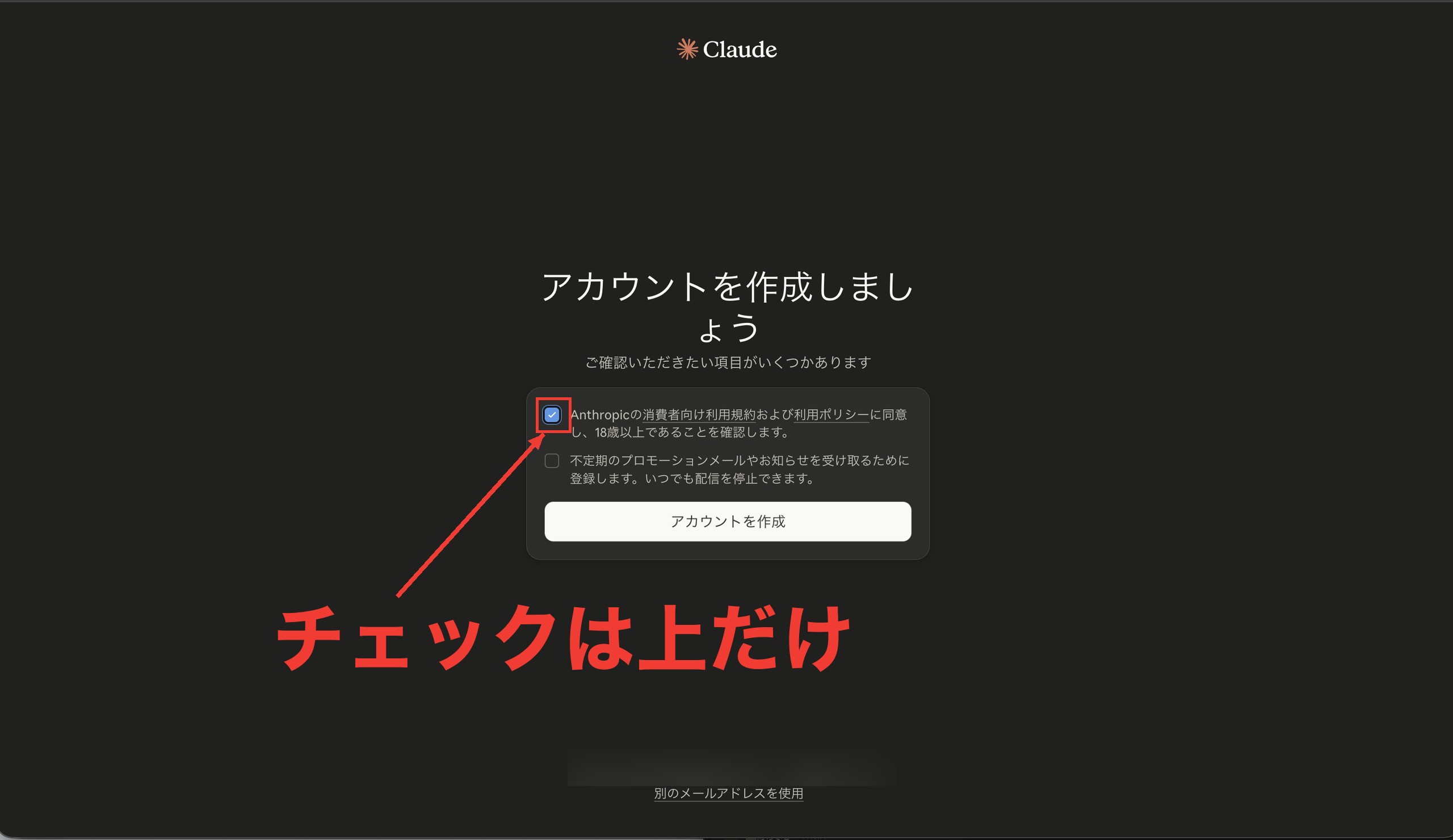 アカウント作成の確認画面。上の同意チェックボックスだけにチェックが入った状態（赤枠）