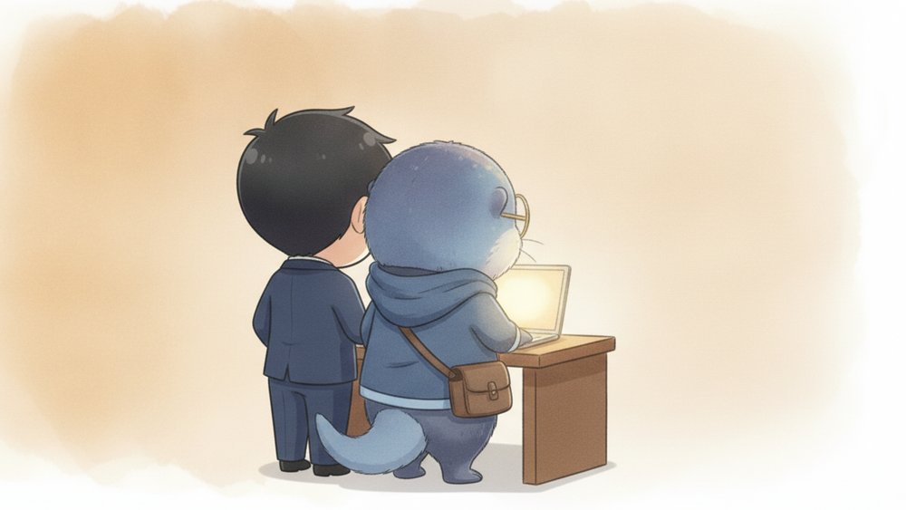 並んで動いているパソコンを見守るアメイロとコンペイくん