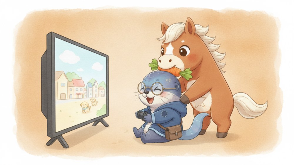 アメイロが作ったゲームを、マロンスターと一緒に眺めている絵