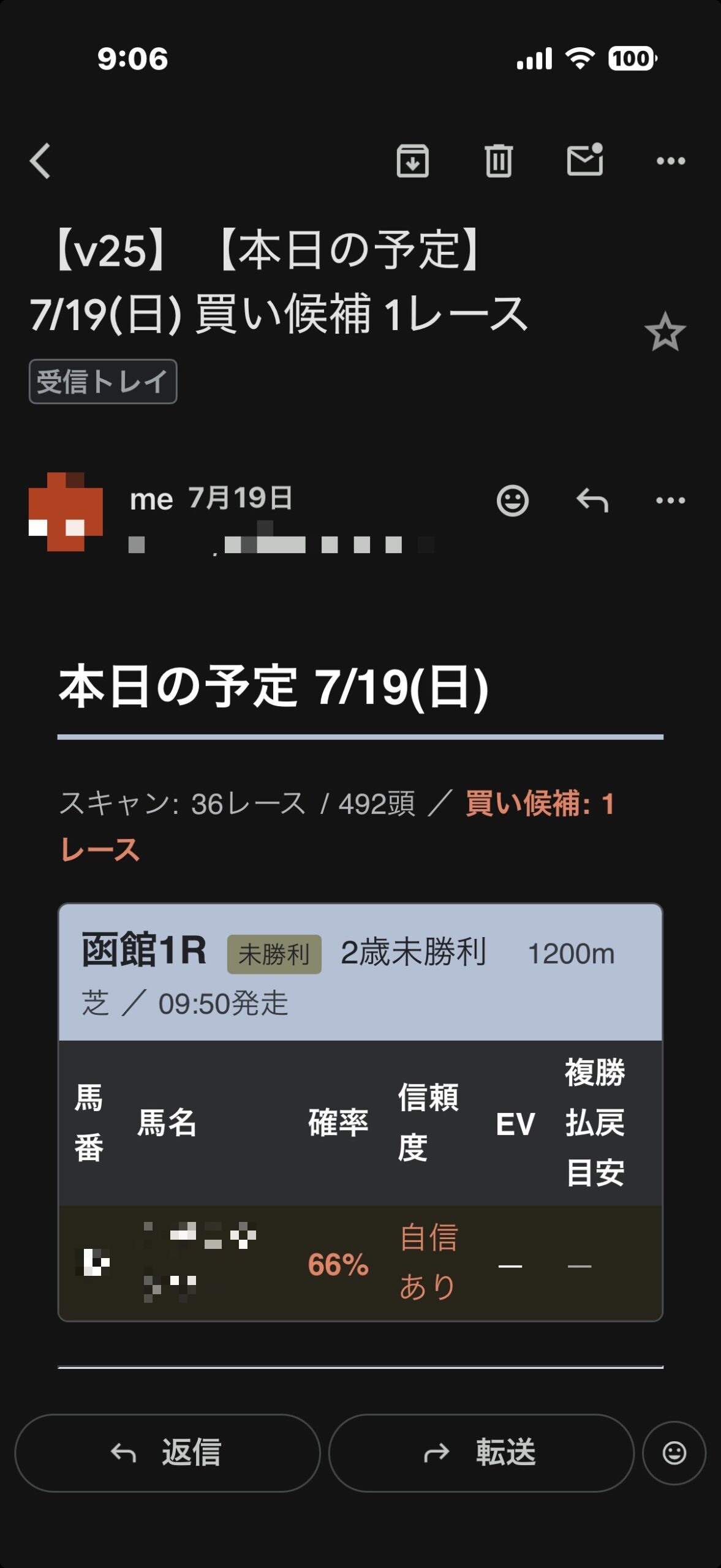 7/19の買い候補メール（スマホ画面・馬番と馬名はモザイク）