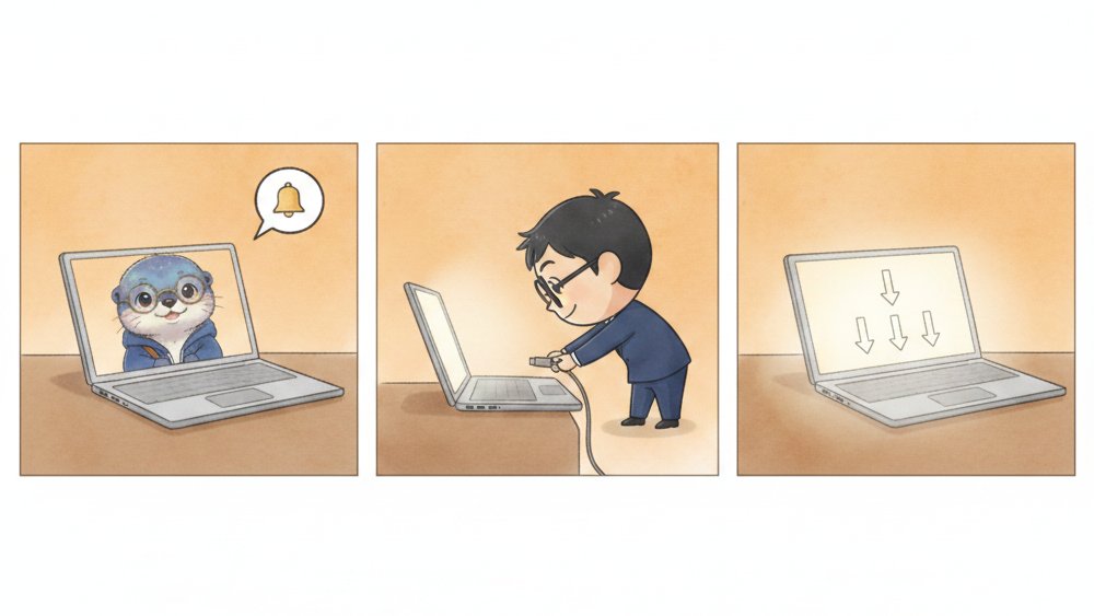 3コマ漫画: MacのAIが知らせる、コンペイくんがケーブルをつなぐ、翌朝Windowsがひとりでダウンロードしている