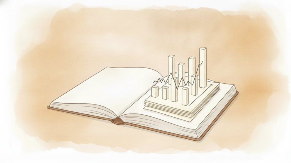 開いたノートの上に成績の記録が積み上がってグラフになっている絵