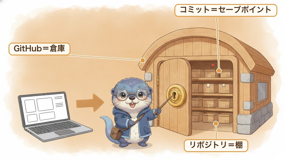 GitHubはクラウドの倉庫、リポジトリは倉庫の中の棚、コミットはセーブポイント、という3つの言葉を1枚にまとめた図解