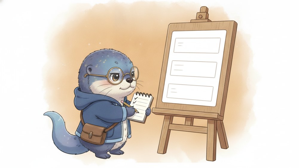 登録画面の描かれた立て看板の前で、メモ帳に3つのチェックを書き込んでいるアメイロ