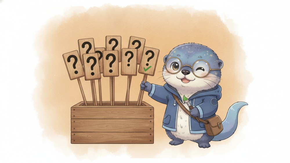 はてなマークの札がたくさん刺さった箱から札を1枚ずつ抜いて、答えのチェックを書き込んでいるアメイロ