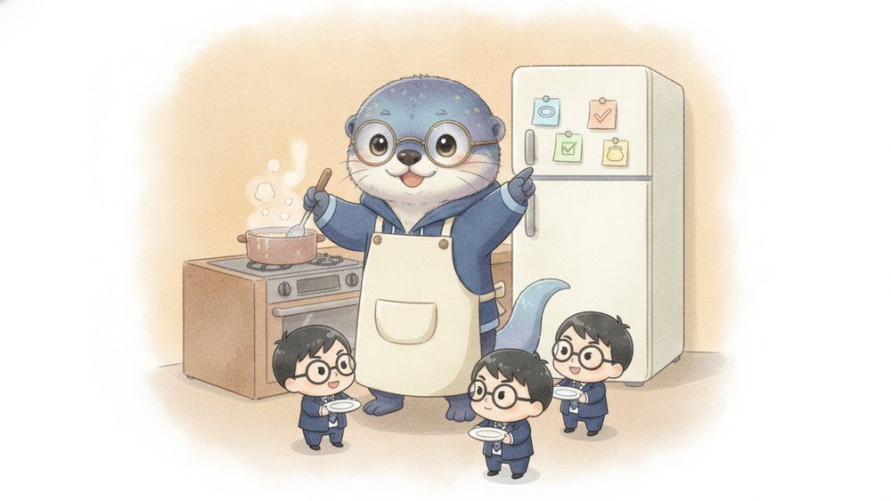 エプロン姿で鍋をかきまぜながら冷蔵庫のメモを指さし、ごはんを待つ子どもたちに囲まれているアメイロ
