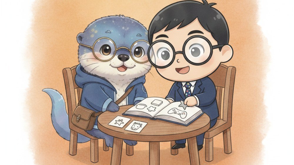 コンペイくんと並んで本を読み、読んだ記録のカードに星のシールを貼ってもらっているアメイロ