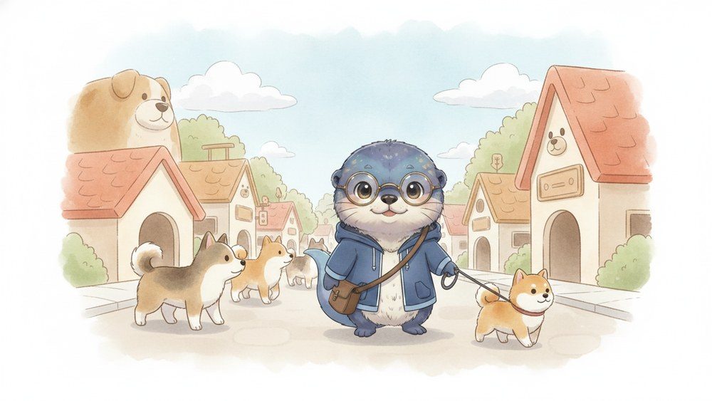 建物も住人も犬の街で、柴犬をリードで散歩させているアメイロ