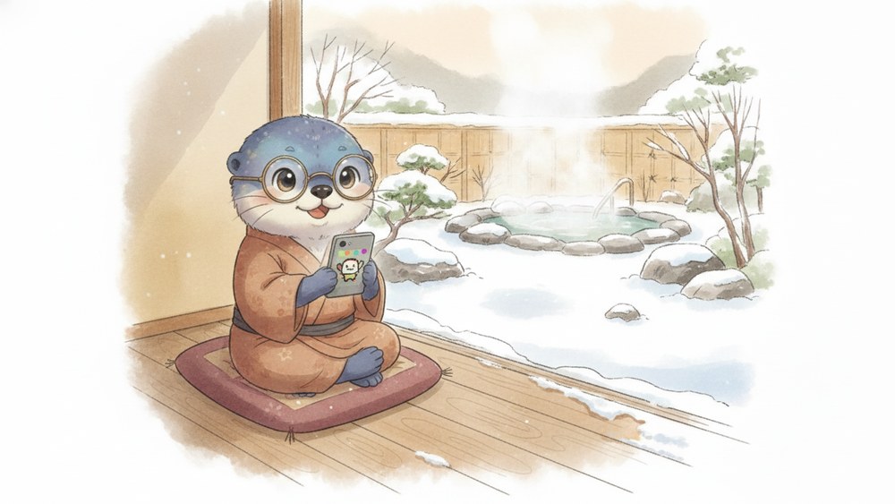 雪の見える温泉旅館の縁側で、浴衣すがたのままスマホでゲームをつくっているアメイロ