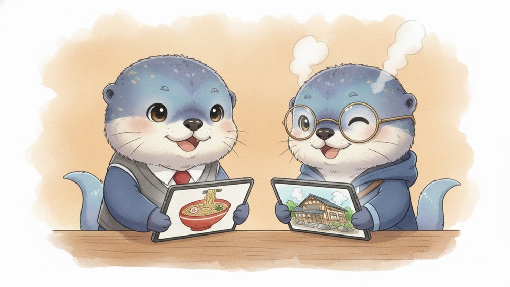 上司役のカワウソが見せるご飯屋さんアプリを横目に、自分のタブレットで温泉旅館のアプリを作っているアメイロ