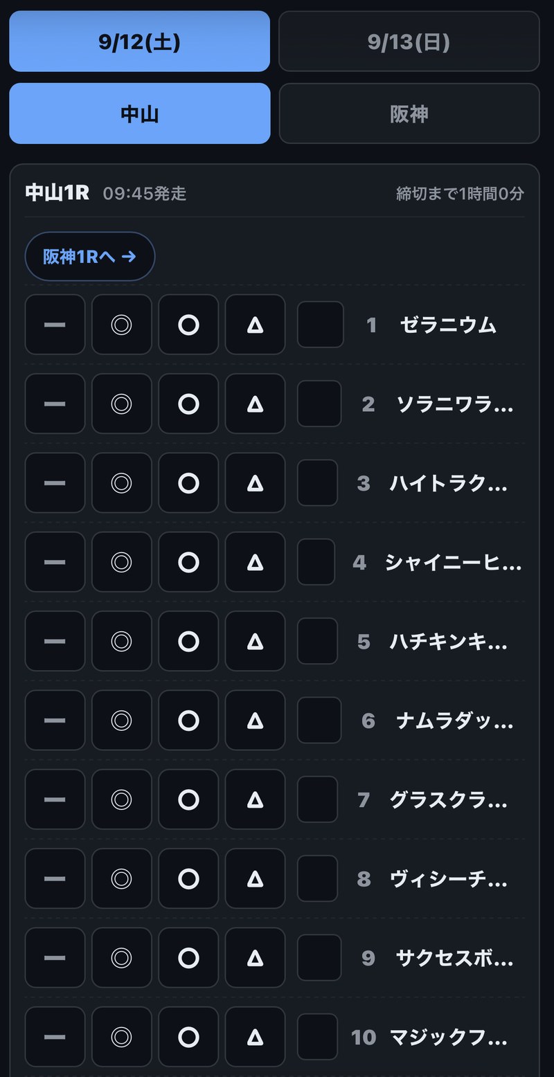 自作したパドックの印アプリをスマホで開いた画面。日付と競馬場を選ぶと出走馬が並び、1頭ずつ◎○△のボタンを押すだけ